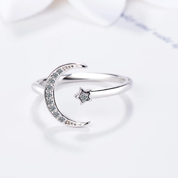 *Sterling Silver Diamond Moon Star Adjustable Ring